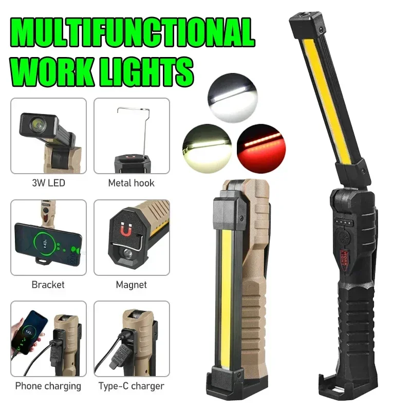 COB-LED-Arbeitsleuchte, dimmbar, über USB wiederaufladbar, LED-Taschenlampe, Inspektionslampe mit magnetischem Haken, Powerbank, 18650-Batterie-Taschenlampe
