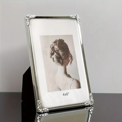TEMU Elegant Silver Metal Frame, 4x6 Inches, Home Decor, Tabletop Photo Frame, Vertical Display, Artistic Simple Stand, , For Living Room, Bedroom, Kitchen Decor Image