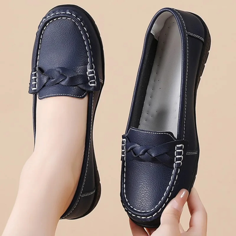Scarpe basse da donna in pelle moda punta tonda scarpe da donna mocassini scarpe da donna slip on scarpe da donna nere Zapatos Mujer taglie forti