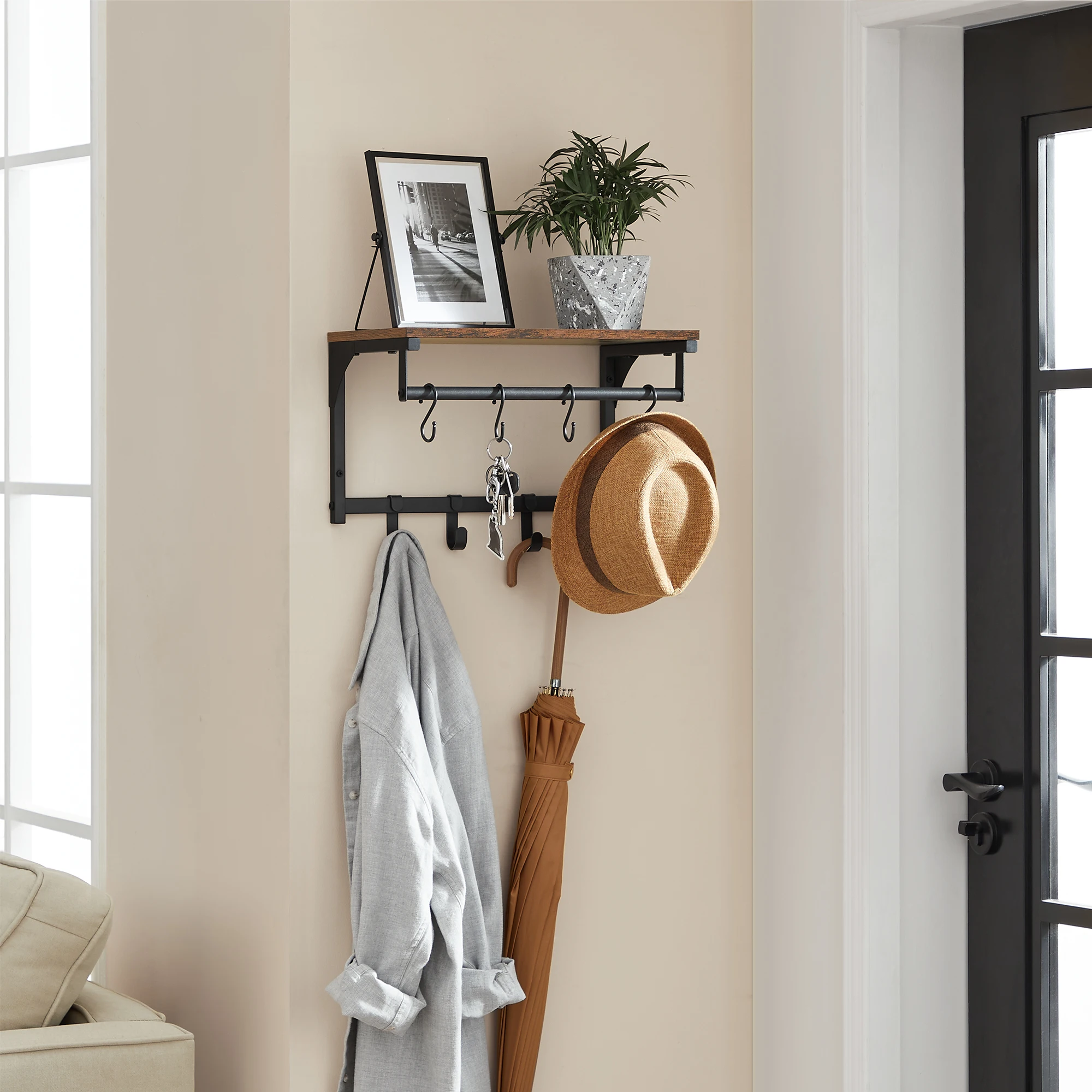 VASAGLE Wandgarderobe, Wandregale mit 8 Haken, 40 x 24 x 24 cm (L x B x H) Image