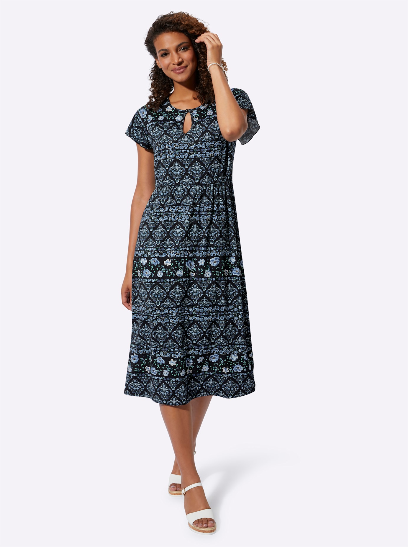 Jerseykleid INSPIRATIONEN "Jersey-Kleid", Damen, Gr. 48, Normalgrößen, blau (jeansblau, schwarz, bedruckt), Jersey, 95% Viskose, 5% Elasthan, bedruckt, geblümt, gemustert, mehrfarbig, wadenlang, Rundhals, Kleider Image
