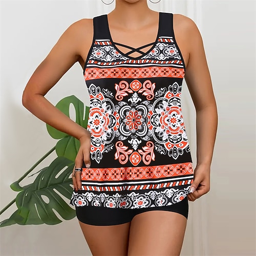 Damen Tankini Bikini, Zweiteiler V-Ausschnitt Bademode Badeanzug Weiß Blau Atmungsaktiv Schnelltrocknend Leichtgewichtig Ärmellos - Schwimmen Surfen Strand Sommer Frühling Image