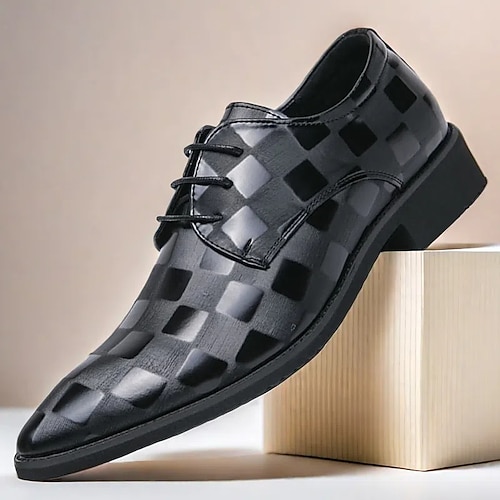 Schwarze Oxford-Schuhe aus Kunstleder mit Karomuster für Herren – formelle Schnürschuhe für Business, Hochzeiten und besondere Anlässe Image