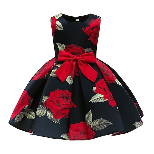 kinderkleidung Mädchen Party Kleid Blumen Ärmellos Leistung Geburtstag Krawattenknoten Schön Süß Polyester Knielang abendkleider Schaukelkleid A Linie Kleid Sommer 4 Jahre Schwarz Weiß Image