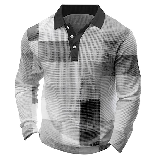 Herren Grafik Waffel-Poloshirts Langarm Polo-Shirts Hemden mit Kragen Lässig Outdoor Athleisure Streetwear Knöpfe Blau Grün Grau Image