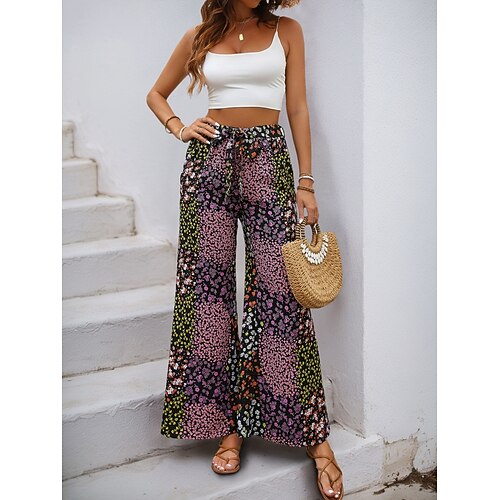 Damen Weites Bein Chinos Mode Streetwear Volle Länge Hohe Taille Leopard Tasche Elastischer Bund Drucken Bequem Weich Mikroelastisch Outdoor Straße Schwarz Sommer Frühling Normale Passform Image