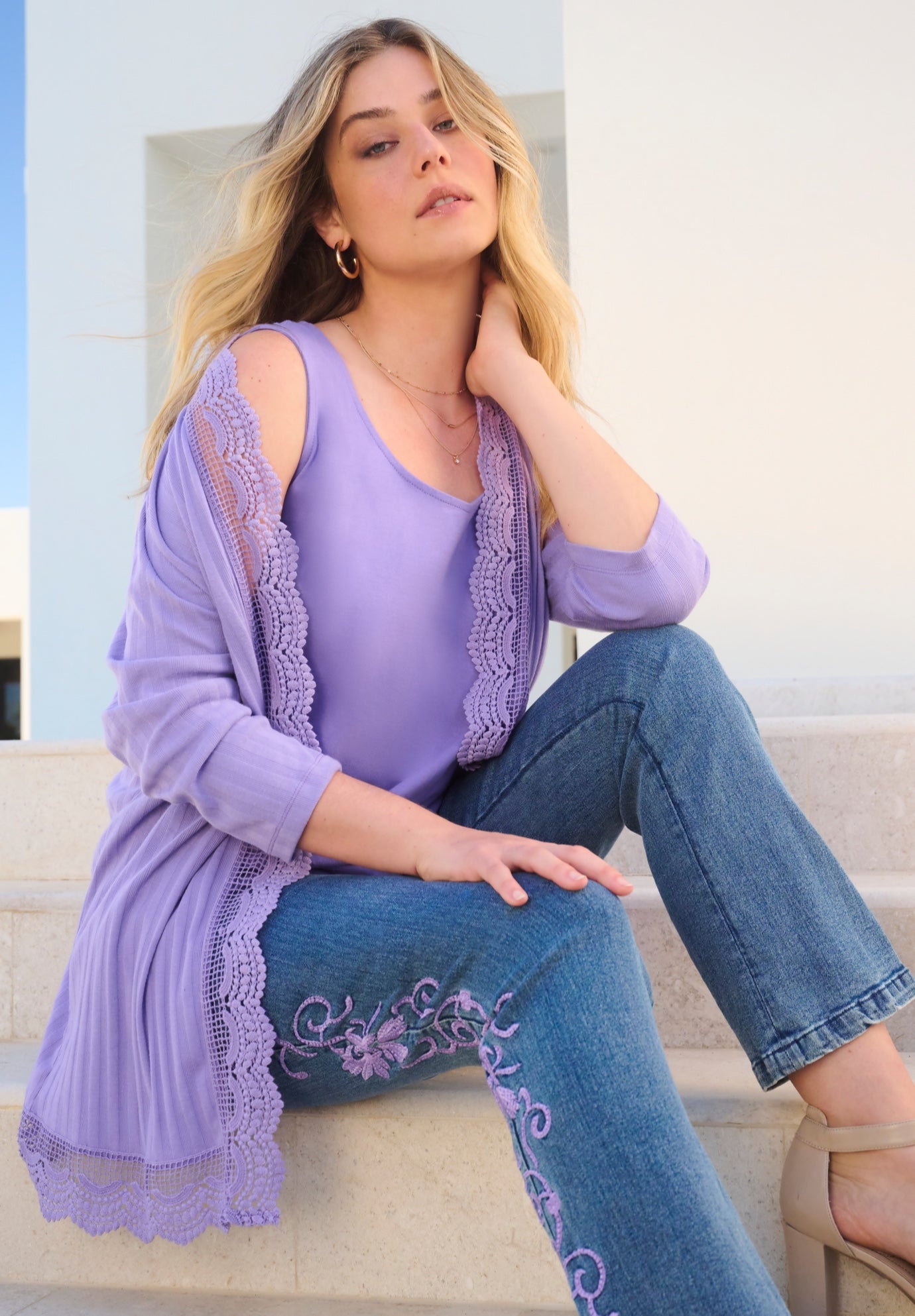 Plus Size Women's Crochet Trim Pointelle Cardigan by Roaman's in Vintage Lavender (Size 30/32) 3/4 Sleeves