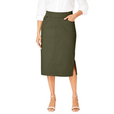 Plus Size Women's Comfort Waist Stretch Denim Midi Skirt by Jessica London in Dark Olive Green (Size 24) Elastic Waist Stretch Denim