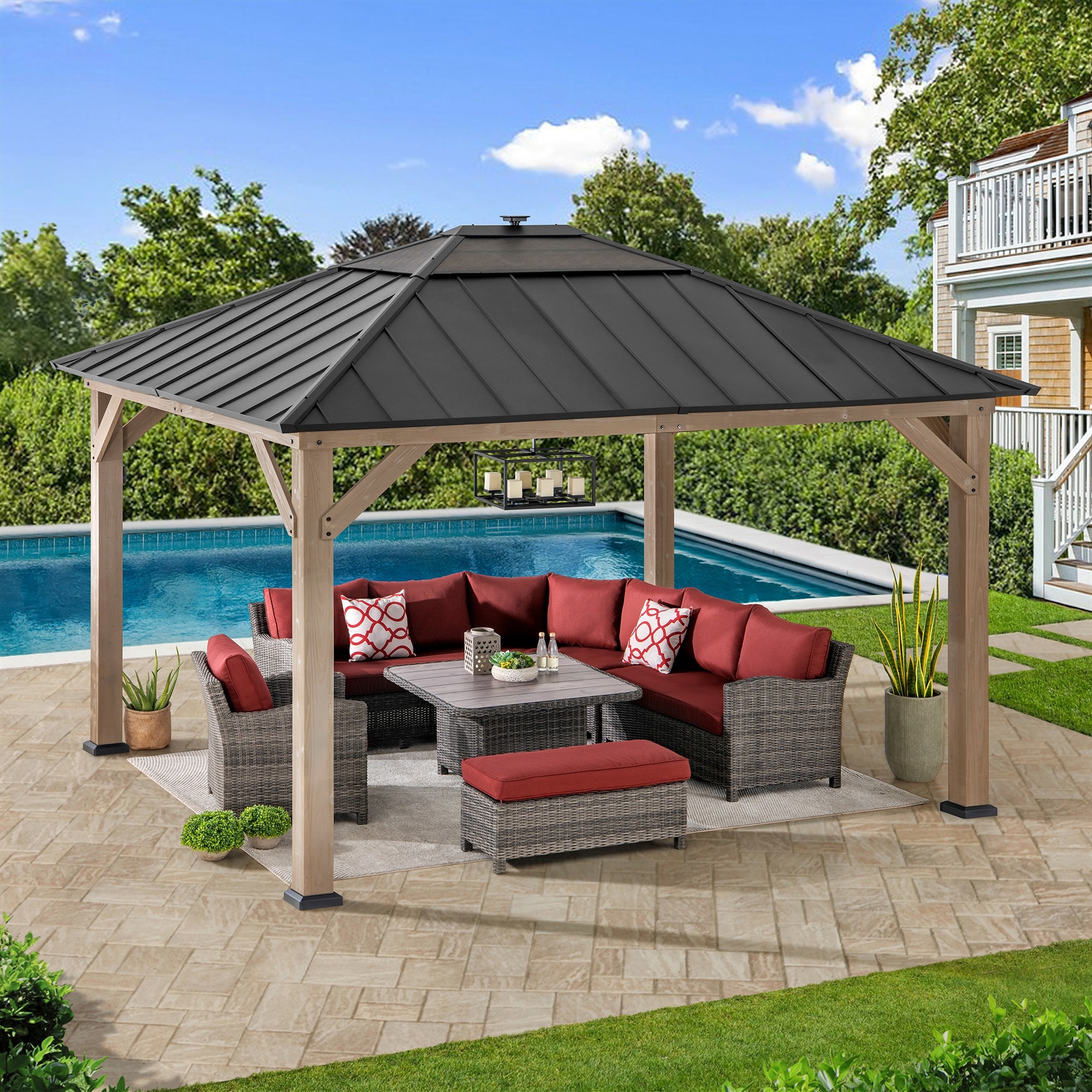 Sunjoy Outdoor Hardtop Gazebo Wooden Pergola with One-Tier Metal Roof, LED Light and Ceiling Hook