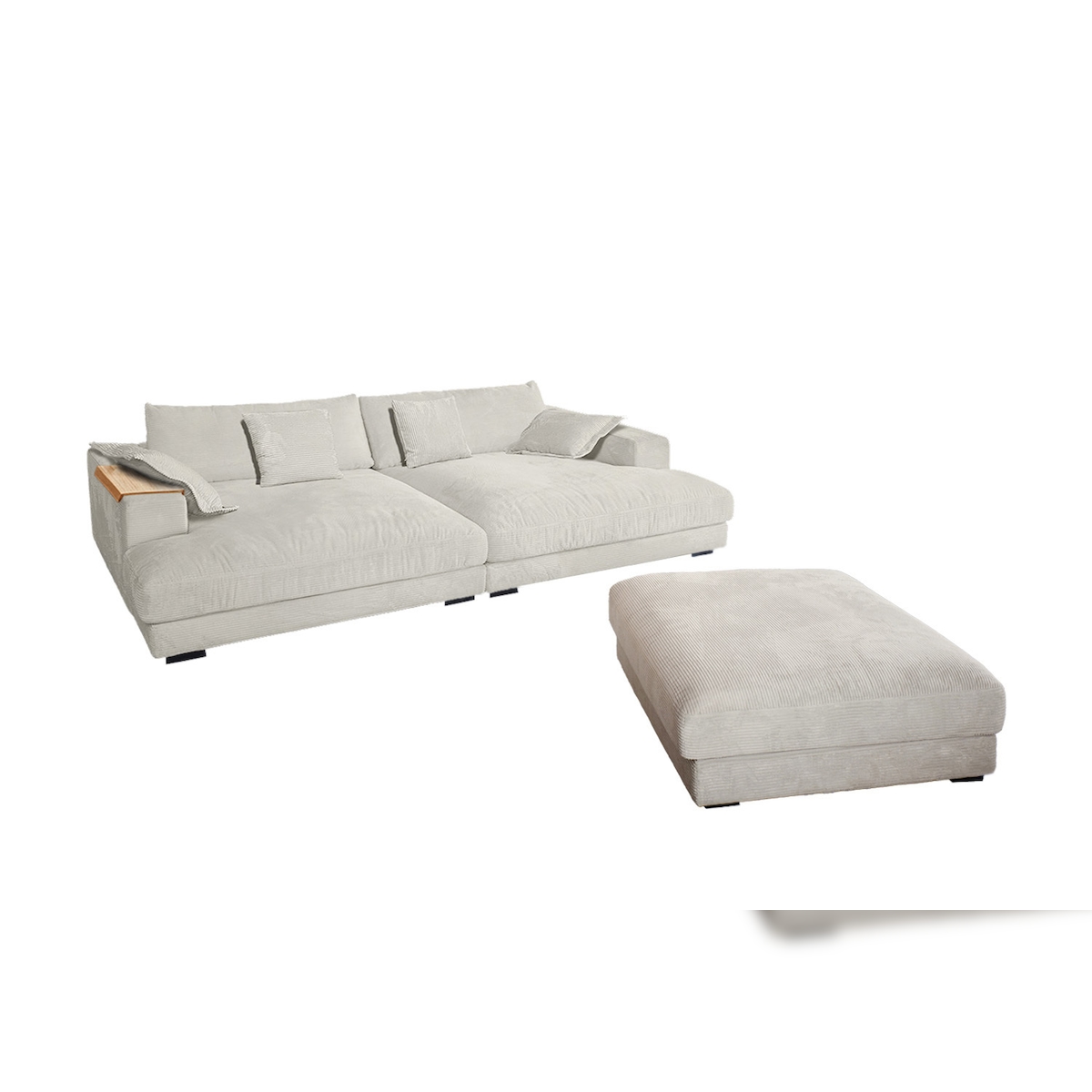 KAWOLA Big Sofa MADELINE Cord cremeweiß mit Hocker / 4 Zierkissen / Armlehntablett natur Image