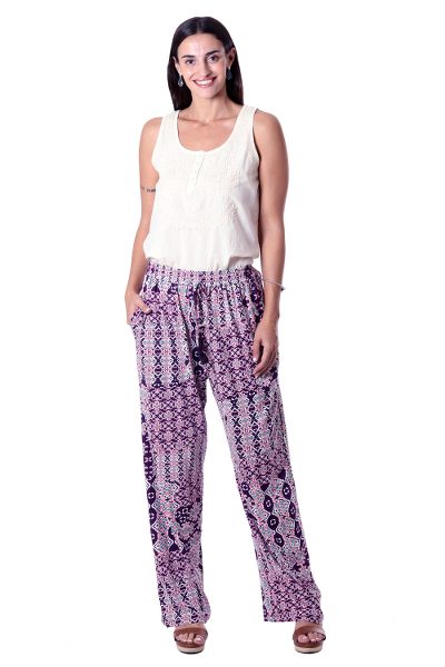 Meena Bazaar in Purple,'Purple Print Viscose Pants'