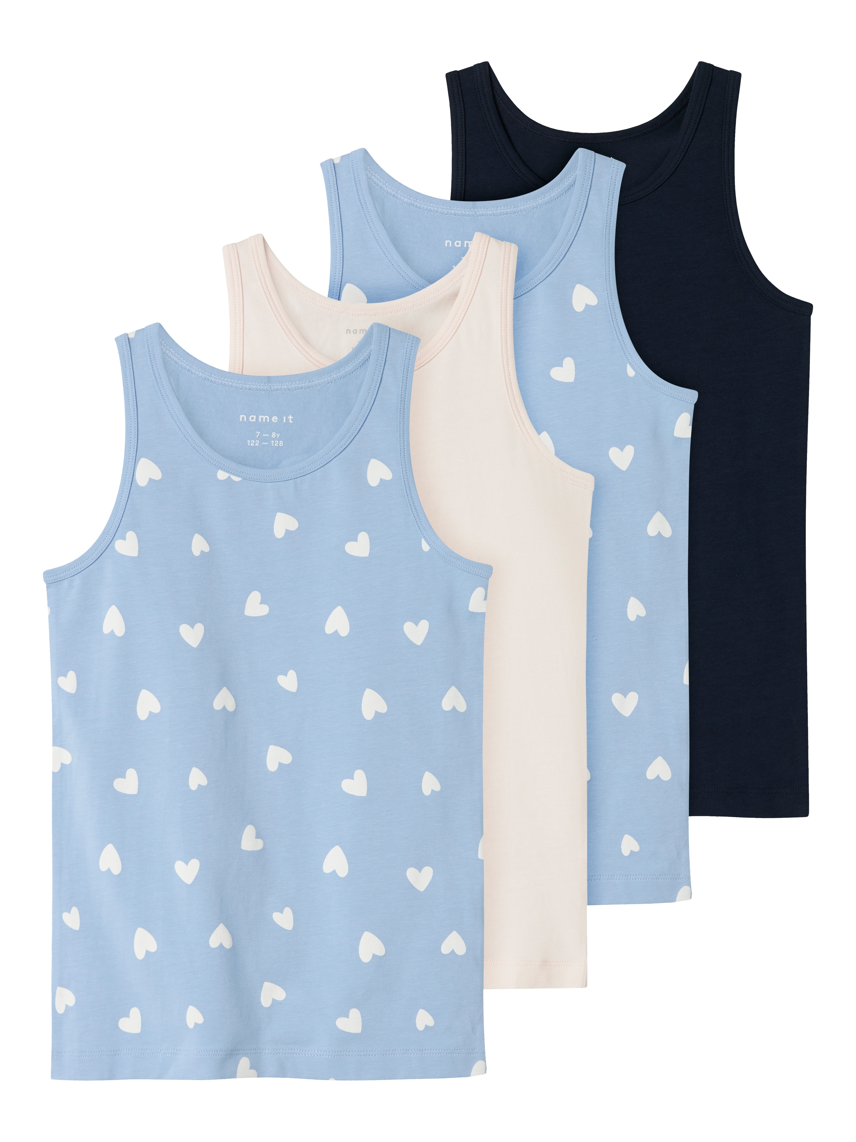 Unterhemd NAME IT "NKFTANK TOP 4P HEARTS NOOS", Kinder, Gr. 92, blau (serenity), Jersey, Obermaterial: 95% Baumwolle, 5% Elasthan, bedruckt, unifarben, Casual, normal, Rundhals, Unterhemden Image