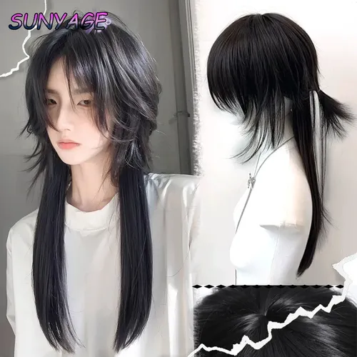 SUNYAGE – perruque synthétique longue et lisse avec tête de mulet noire, perruque de Cosplay Anime pour hommes et femmes, pour fête quotidienne