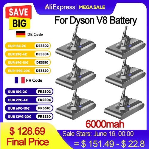Pour Dyson V8 6000mAh batterie 21700 cellule batterie de remplacement pour Dyson V8 absolu V8 Animal SV10 aspirateur à main
