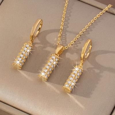 TEMU 3pcs/set Luxury Synthetic Zirconia-embellished Copper Cylinder Pendant Earrings And Necklace Set Elegant Drop Collarbone Chain For Women's Bridal Wedding Jewelry Image
