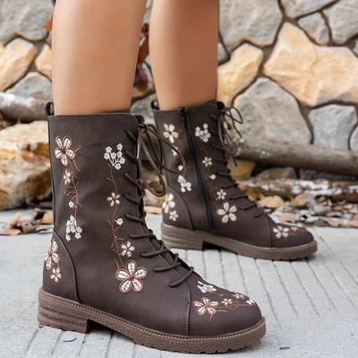 TEMU 1pr Women's Floral Embroidered Flannel Ankle Boots, 2024 Autumn-winter New Arrival, Lace-up Western Style Mid Heel Booties With Side Zipper, Plain Toe Block Heel Short Boots, Fabric Insole And Image