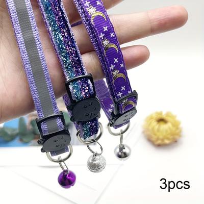 TEMU 3-pack Adjustable Pattern Cat Collars With Bells And Safety Release , Reflective Geometric Polyester Fiber Pet Collars For Cats And Small Dogs Image