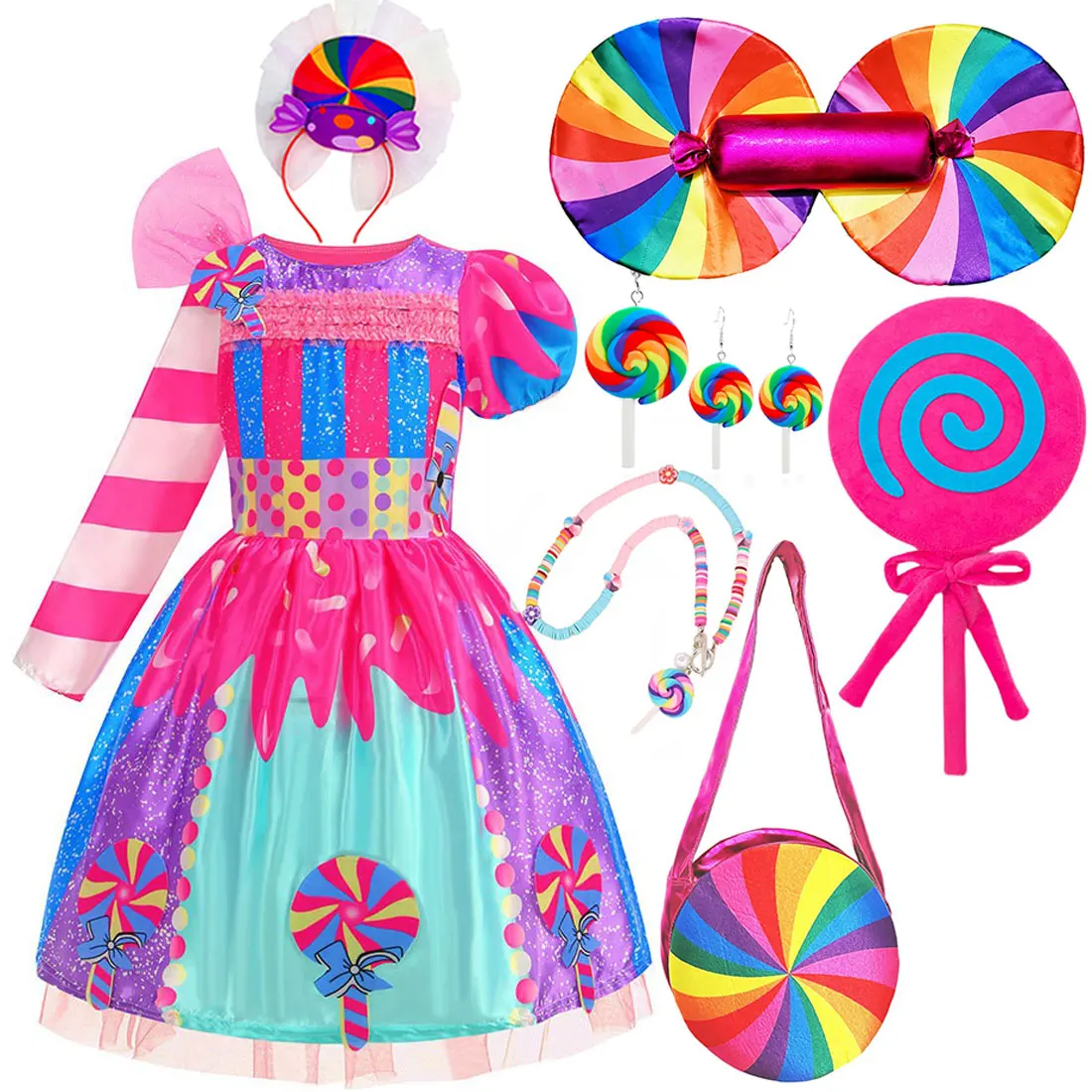 Purim klassisches Mädchen Regenbogen Farbe Candy Stil bedrucktes Kleid Baby Mädchen Cosplay lange Kurzarm Kostüm Geburtstag Party Geschenk Kleid Image