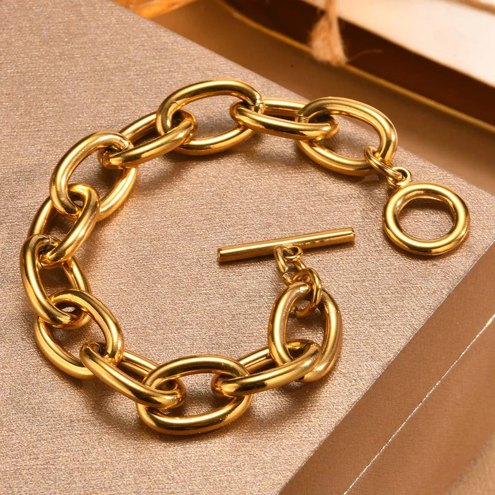 Klobige, kräftige Knebelarmbänder für Damen, Gliederkettenarmband aus Edelstahl mit OT-Schnalle, vergoldet, anlaufgeschützt Image