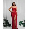 2025, Luxus Frauen Promi Sexy Off Schulter Sparkly Pailletten Split Maxi Lange Rote Kleid Elegante