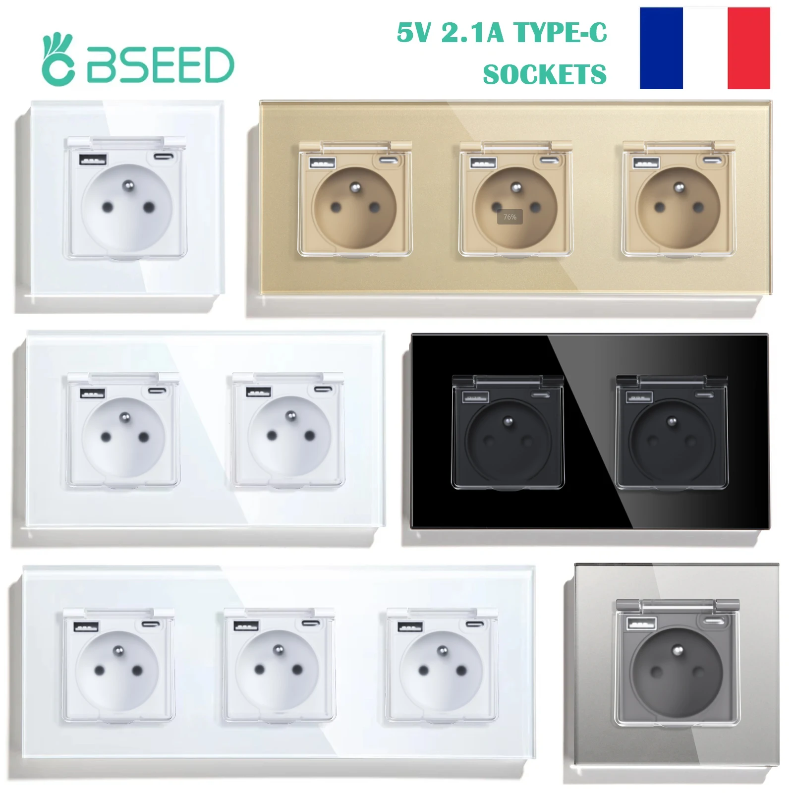 BSEED USB Typ-c Wasserdichte Französisch Steckdosen Abdeckung Wand Steckdosen Outdoor Badezimmer Doppel Steckdose Glas Dreifach Steckdosen 5V 2,1 A USB C Image