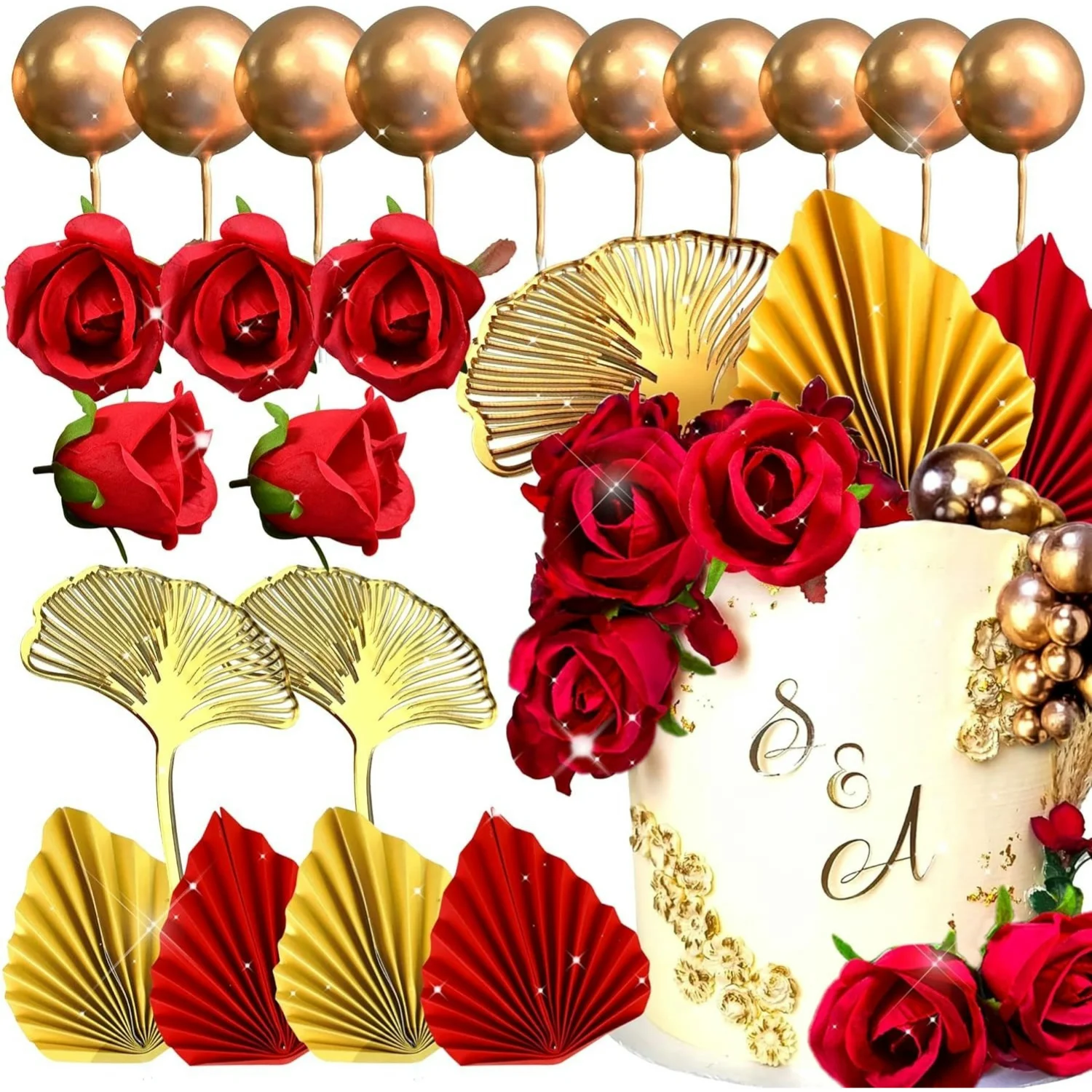 21PCS Rote Rose Kuchen Dekoration Königin Geburtstag Kuchen Dekoration Ginkgo Palm Blätter Kuchen Dekoration für Hochzeit Verlobung Dekor