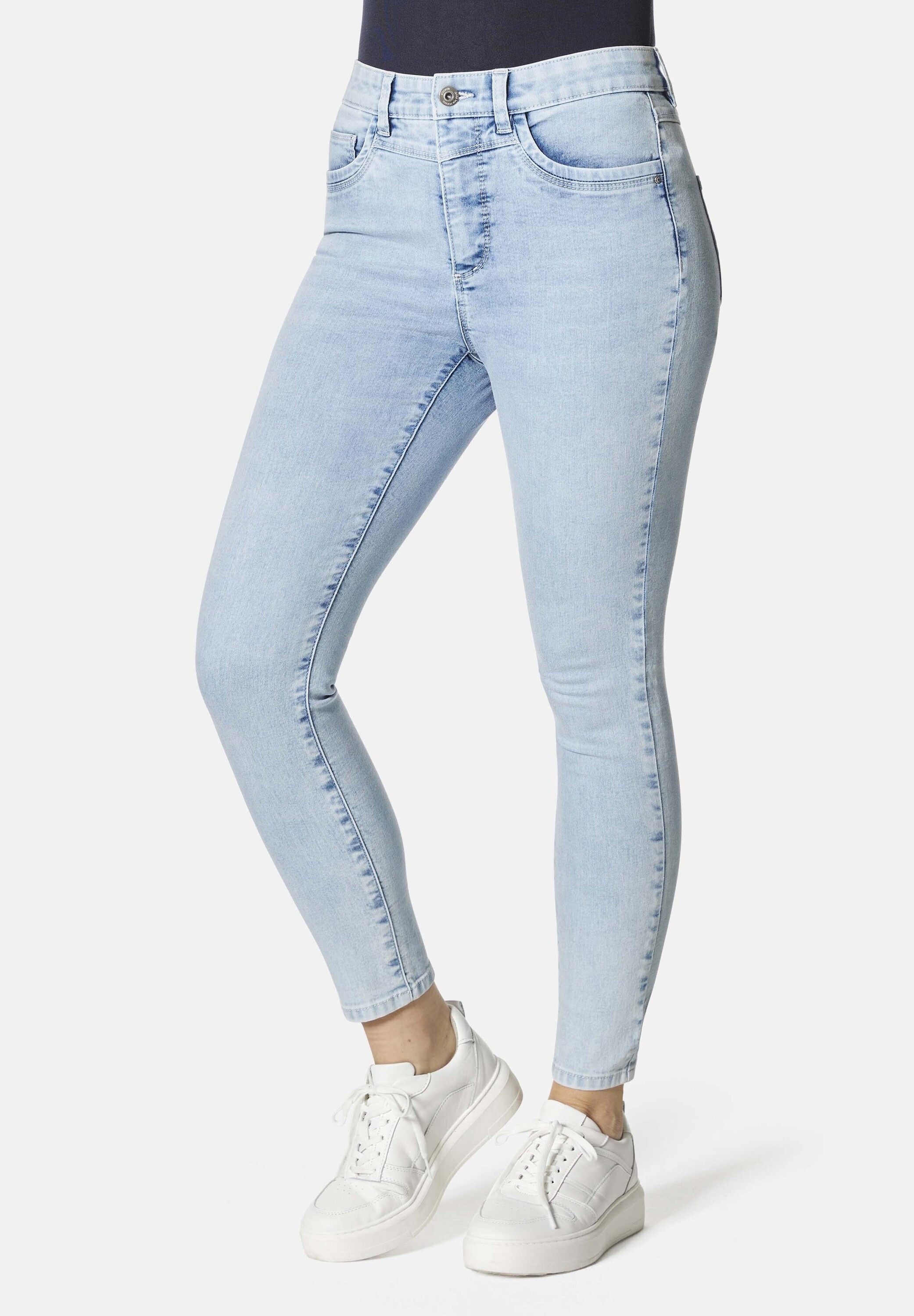 5-Pocket-Jeans STOOKER WOMEN "Rio Fexxi Move Strass Skinny Fit", Damen, Gr. 44, Länge 30, blau (blau bleached), Denim/Jeans, 83% Baumwolle, 16% recycled Polyester, 1% Elasthan, skinny fit lang, Jeans 5-Pocket-Jeans, Skinny Fit Casual Clean Wash...