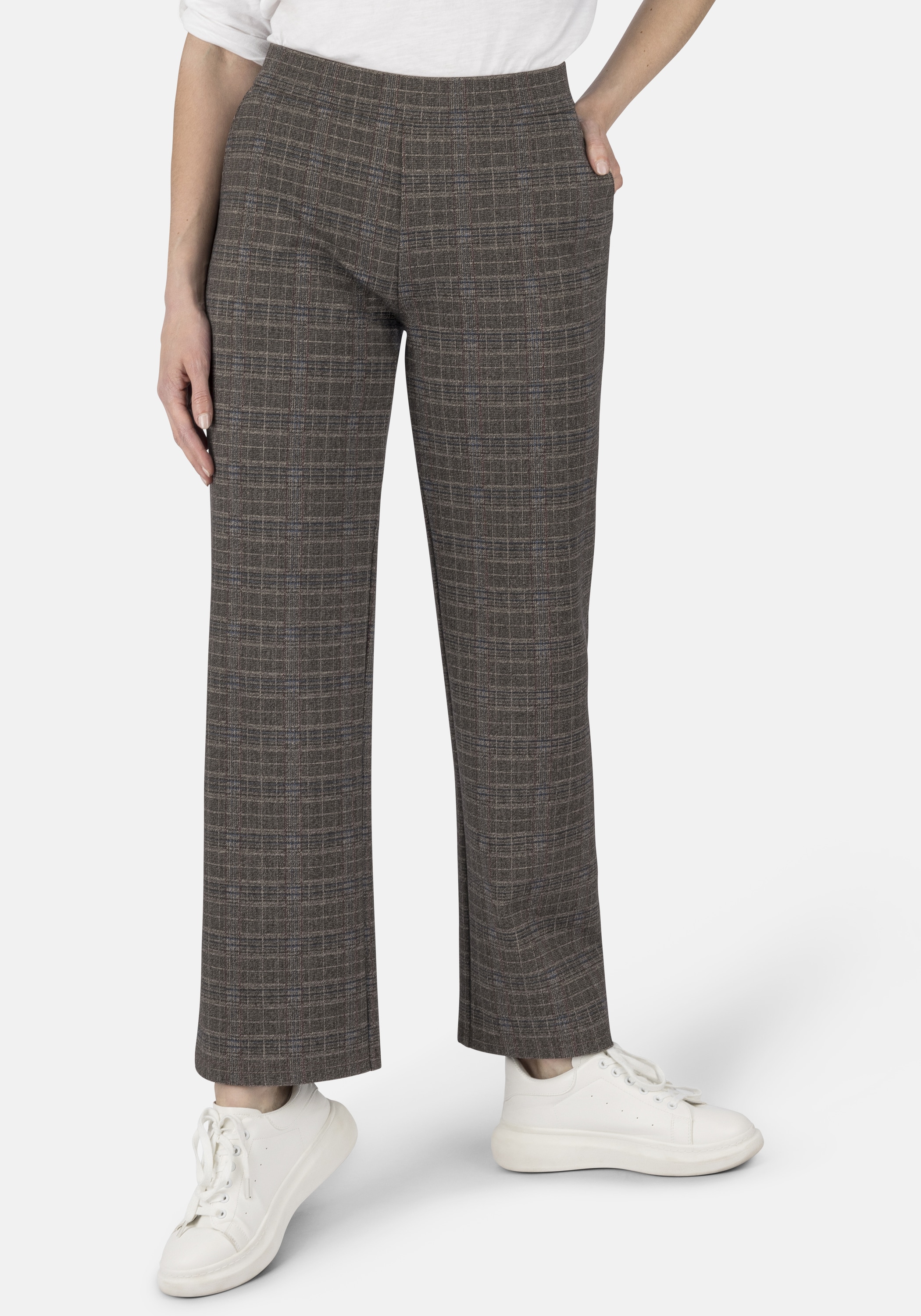 Schlupfhose STOOKER WOMEN "Mary Jersey Wide leg fit", Damen, Gr. 44, Länge 30, braun (braun check), Jersey, 67% Viskose, 27% Polyamid, 6% Elasthan, weit lang, Hosen Schlupfhose, Wide Leg Fit Casual Clean Wash Jersey für Damen