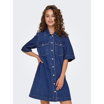 Jeanskleid ONLY "ONLBELLE S/S BUTTON DRESS DNM GUA NOOS", Damen, Gr. XS (34), N-Gr, blau (dunkelblau denim), Denim/Jeans, Obermaterial: 100% Baumwolle, unifarben, modisch, regular fit, Kurzarm, Kleider Image