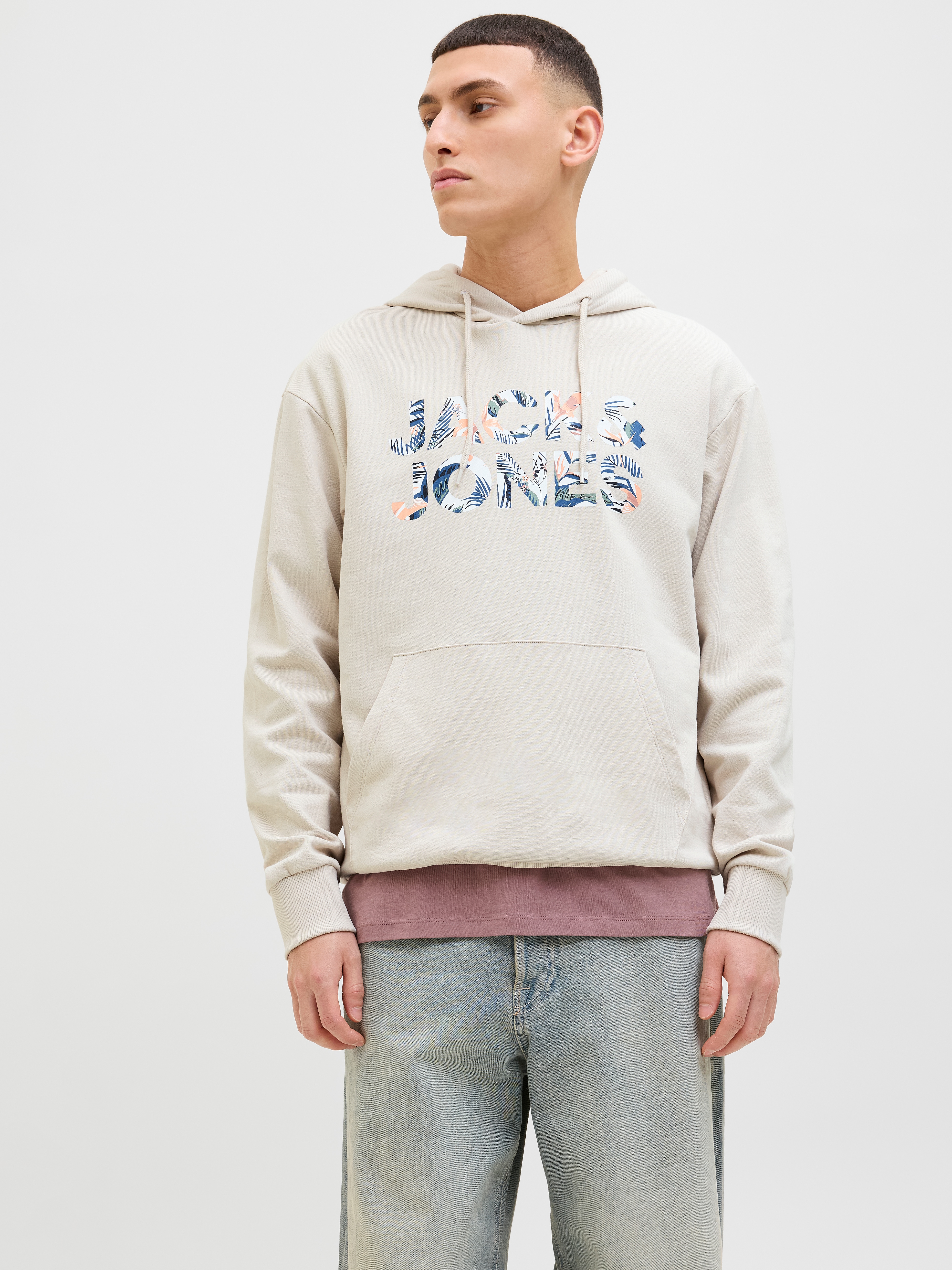Kapuzensweatshirt JACK & JONES "JJEBRYAN CORP LOGO SWEAT HOOD NOOS", Herren, Gr. S, gelb (moonbeam), angeraute Sweatware, Obermaterial: 100% Baumwolle, bedruckt, relaxed fit taillenbedeckt, ohne Ausschnitt, Rippbündchen, Sweatshirts, mit Logo Druck