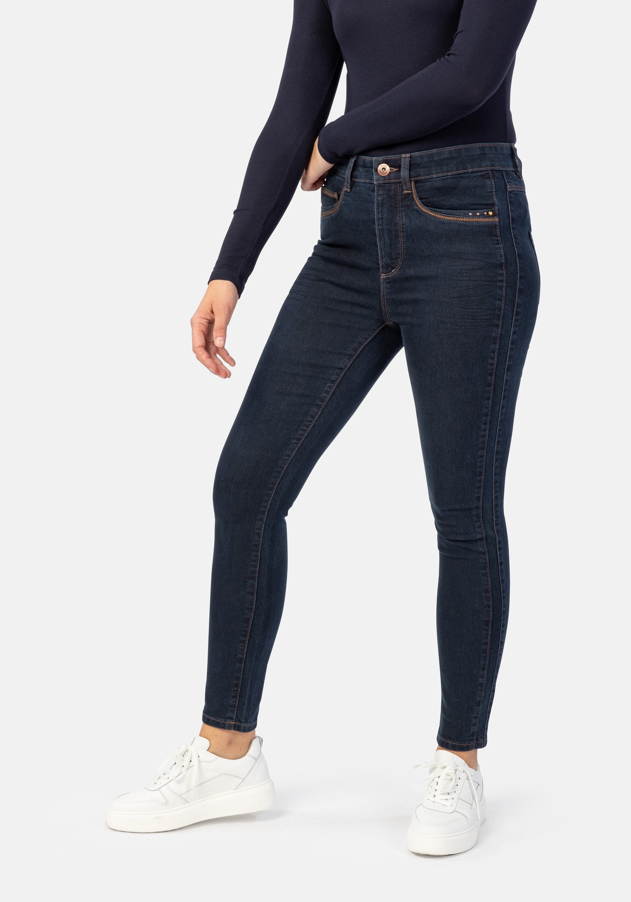 5-Pocket-Jeans STOOKER WOMEN "Rio Denim Season Skinny Fit Jeans", Damen, Gr. 40, Länge 28, blau (blau rinse), Denim/Jeans, 83% Baumwolle, 16% recycled Polyester, 1% Elasthan, skinny fit lang, Jeans 5-Pocket-Jeans, Skinny Fit Casual Clean Wash Denim...