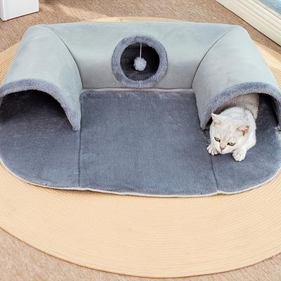 TEMU 3-in-1 Cozy Cat Tunnel Bed With Play Mat And Warm Sleeping Pad, Non-slip Bottom - Ideal For Small To Medium Cats, Rabbits & Hamsters, Game Mat Image
