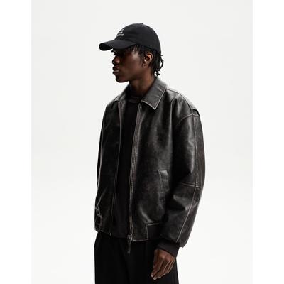 Bershka Faux Leather Bomber Jacket Men M Black