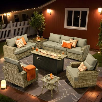 HOOOWOOO 10-piece Rattan Wicker Patio Outdoor Furniture Fire Pit Set with Swivel Rocking Chairs