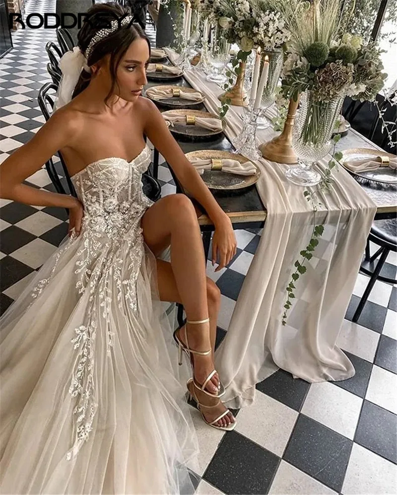 RODRSYA Beach Abiti da sposa per la sposa Elegante Pizzo BohRODDRSYA abiti da sposa da spiaggia per la sposa eleganti abiti da sposa Boho in pizzo senza spalline senza maniche abiti da sposa