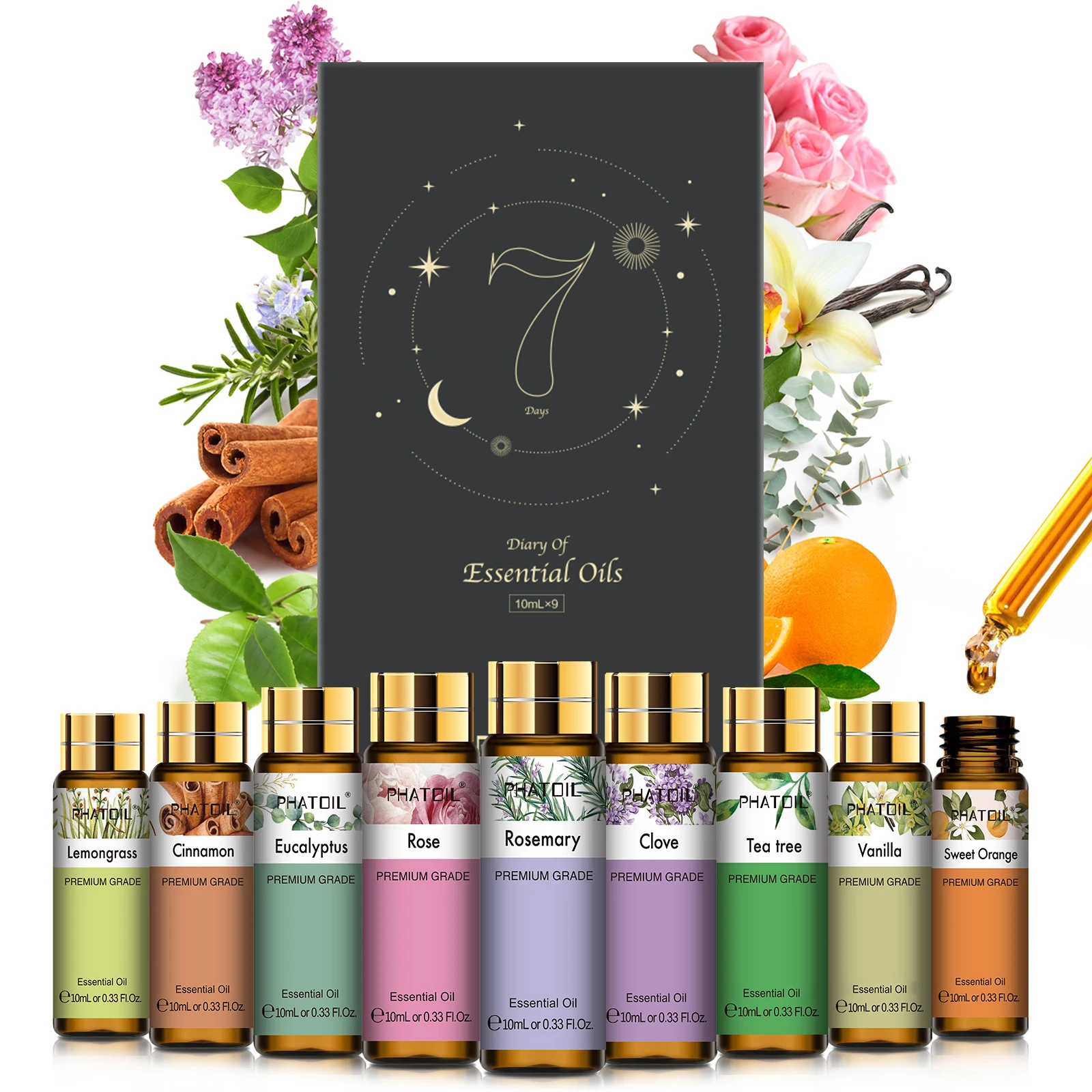 PHATOIL 9-teiliges ätherisches Öl-Set für Diffusor, 10 ml, Rosen-Rosmarin-Eukalyptus, süße Orange-Vanille, Teebaum, Zitronengras-Zimtöle Image