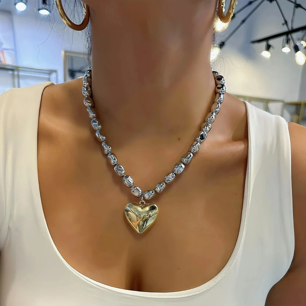 SUNSLL Punk Große Liebe Herz Anhänger Halsketten Vergoldet Vintage Chunky CCB Perlen Halsband Party Statement Schmuck Für Frauen Männer