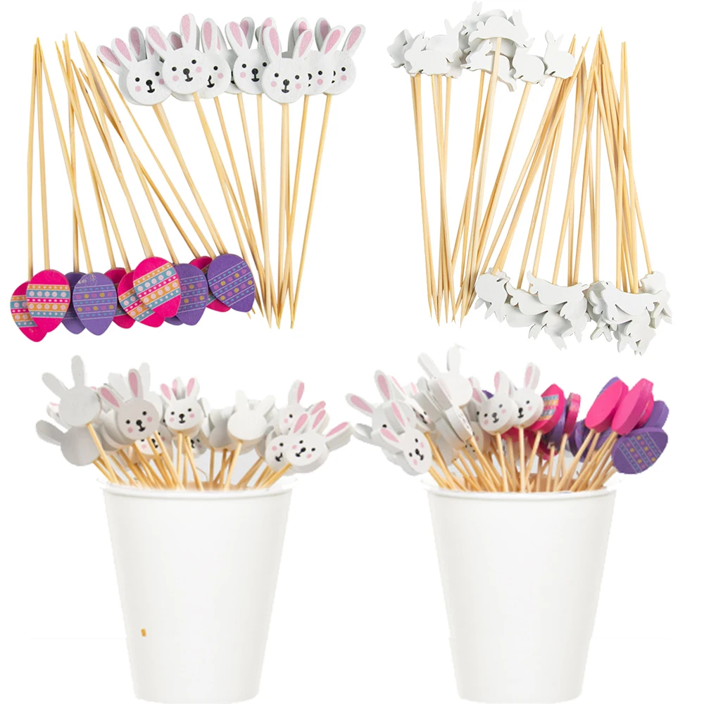 100 Stück Osterhasen-Bambus-Zahnstocher mit Hasenei-Design für Vorspeisen, Obstspieße, Kuchen, Dessert, Essen, Ostern, Party-Dekoration Image