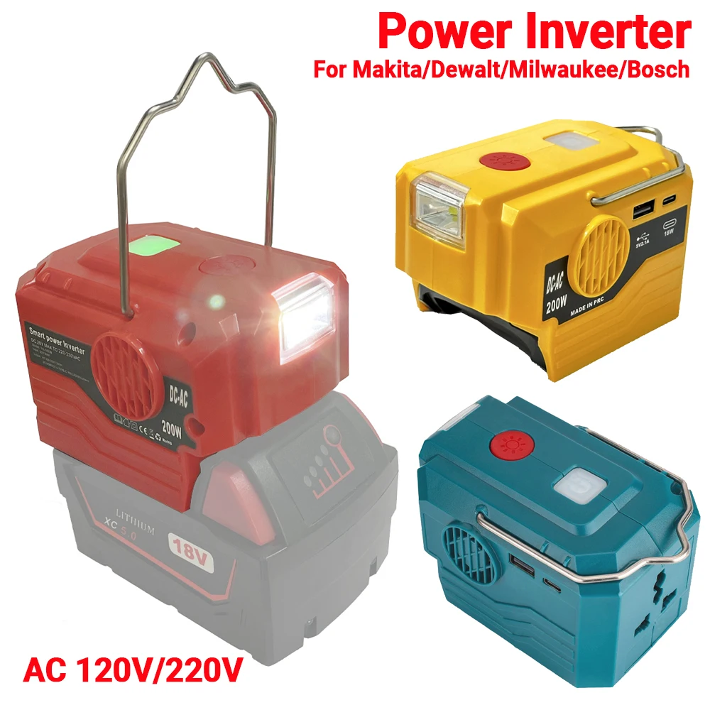 200 W Wechselrichter für Makita/Dewalt/Milwaukee/Bosch 18 V auf AC 120/220 V Akku-Wechselrichter mit USB und Typ-C, LED-Licht Image
