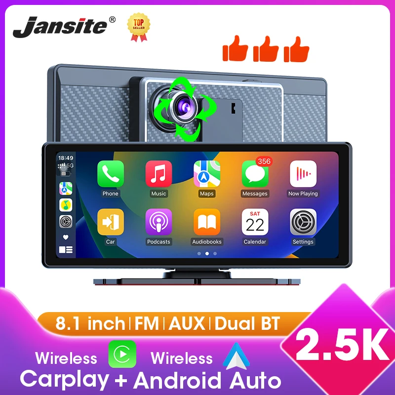 8,1 Zoll 2,5K DVR Wireless CarPlay & Android Auto Dash Cam Bluetooth Audio GPS Navigation Dashboard Dual Lens Video Recorder Image