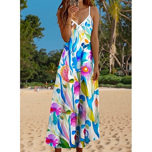 Damen Maxikleid Lässiges Kleid Strandkleid A-Linie Kleid Legere Fließend Urlaub Legere Alltag Reguläre Passform Floral Blatt Ärmellos V-Ausschnitt Blau Sommer Frühling Herbst Image