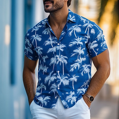 Herren Blatt Alohahemd Kurzarm Hawaiianisch Urlaub Sommer Frühling Umlegekragen Knopf hoch Weiß Blau Grün Image