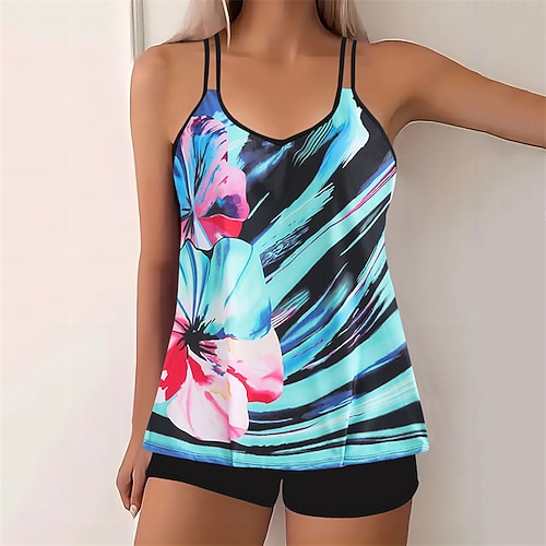 Damen Tankini Bikini, Zweiteiler Bademode Badeanzug Gelb Blau Schnelltrocknend Leicht Atmungsaktiv Ärmellos - Surfen Strand Schwimmen Sommer Frühling Übergröße Image