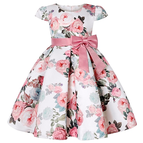 Kinder Mädchen Kleid Blumenkleid Blume Kurzarm Jahrestag Party Knotenbinde Schleife Niedlich Prinzessin Süß Polyester Knielang Skaterkleid Kleid mit Falten Blumenkleid Sommer Frühling 4-13 Jahre Image
