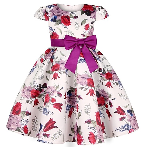 Kinder Mädchen Kleid Blumenkleid Blume Kurzarm Jahrestag Party Knotenbinde Schleife Niedlich Prinzessin Süß Polyester Knielang Skaterkleid Kleid mit Falten Blumenkleid Sommer Frühling 4-13 Jahre Image