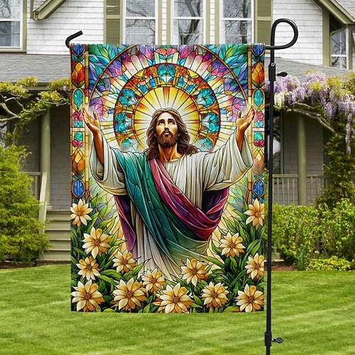 Gartenfahne 12x18 Zoll Außendekorationen Willkommen Garten Patio Fahne Kreuz Jesus Gartenfahne Doppelseitige Feiertags-Außenfahnen 1 Stück