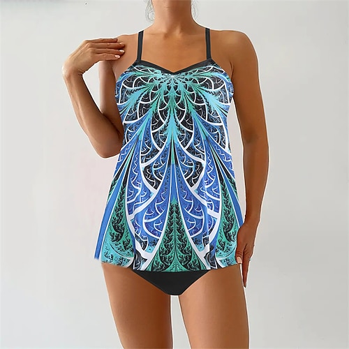 Damen Tankini Bikini, Zweiteiler V-Ausschnitt Bademode Badeanzug Gelb Königliches Blau Atmungsaktiv Schnelltrocknend Leichtgewichtig Ärmellos - Schwimmen Surfen Strand Sommer Frühling Übergröße Image