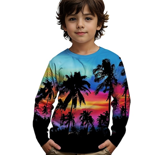 Jungen 3D Grafik Kokospalme T-Shirt Langarm Frühling Herbst Mode Basic Kinder 4-12 Jahre Rundhalsausschnitt Outdoor Lässig Täglich Normale Passform Image