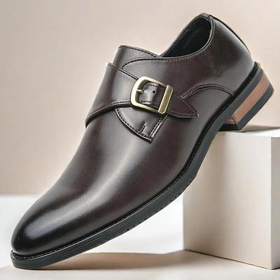 Men's Black Faux Leather Monk Strap Shoes - Classic Buckle Design for Formal Events and Office Wear