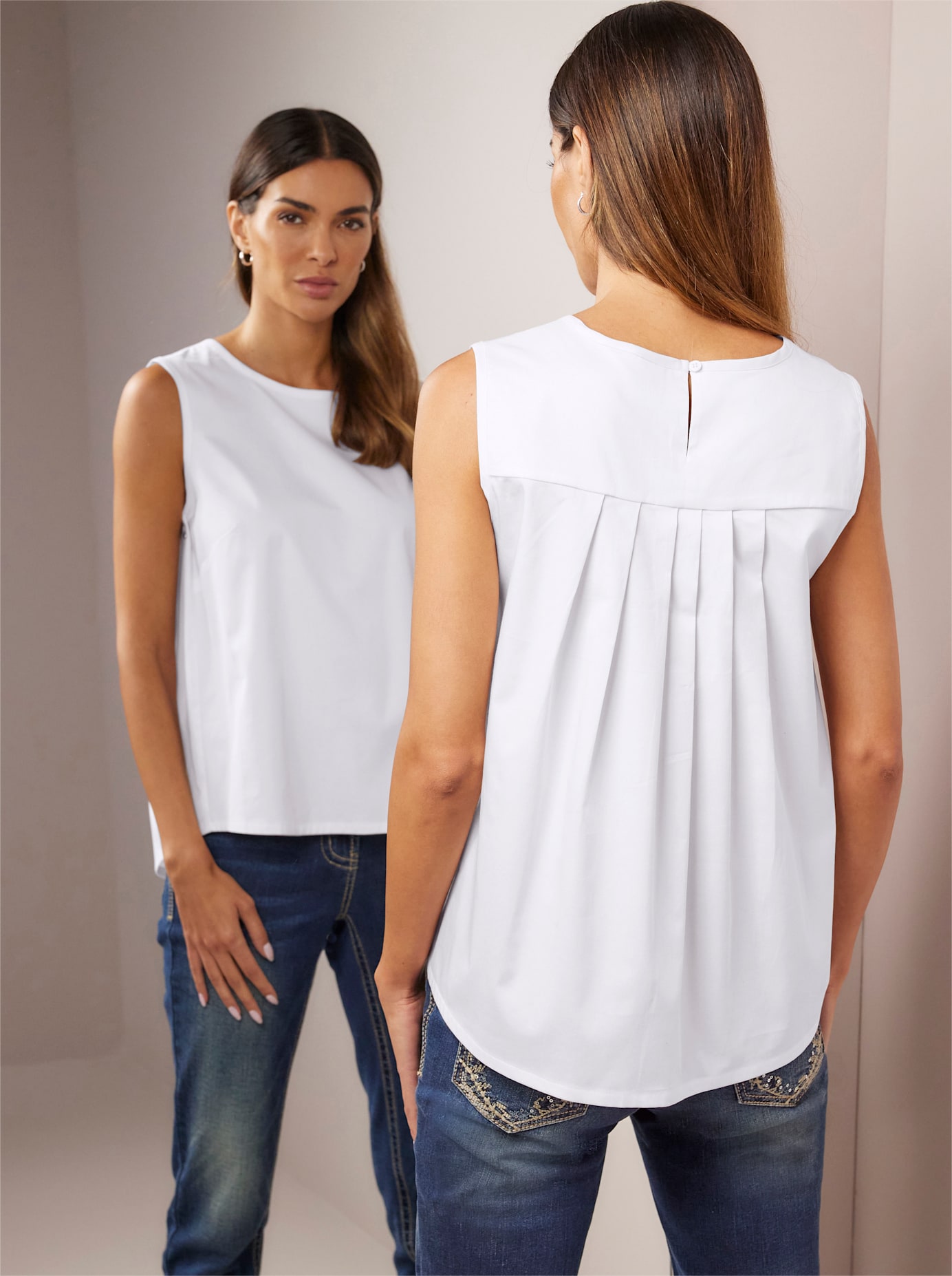 Blusentop HEINE, Damen, Gr. 46, weiß, 97% Baumwolle, 3% Elasthan, unifarben, Rundhals, Blusen Blusentop